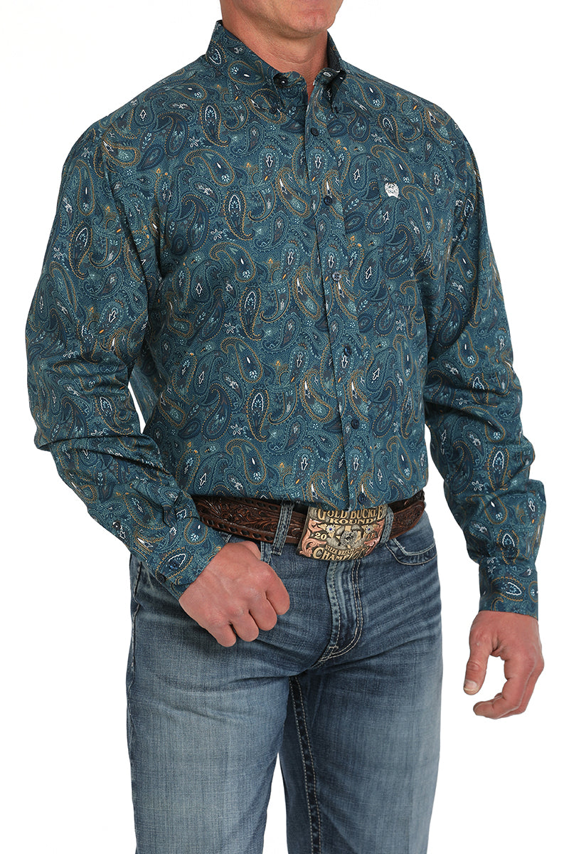 Men's Blue/Orange Paisley Long Sleeve Button Down Shirt by Cinch