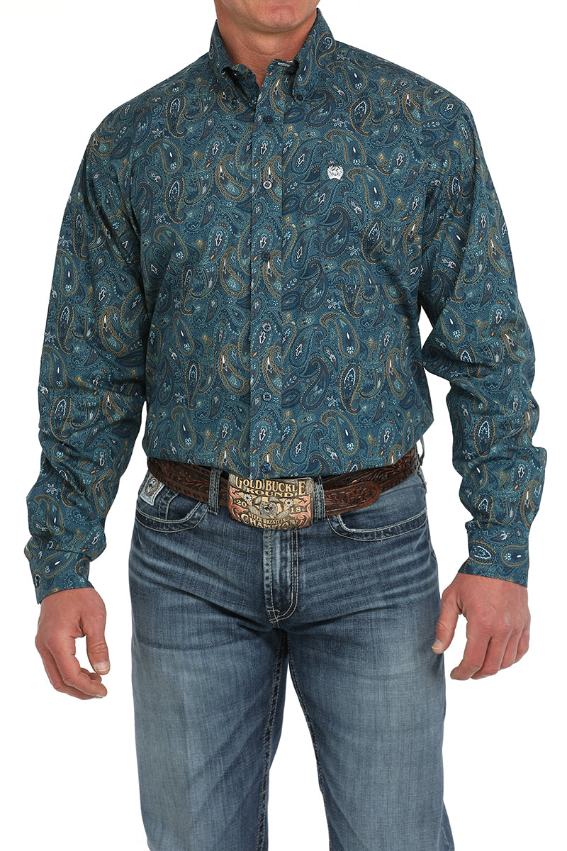 Men's Blue/Orange Paisley Long Sleeve Button Down Shirt by Cinch