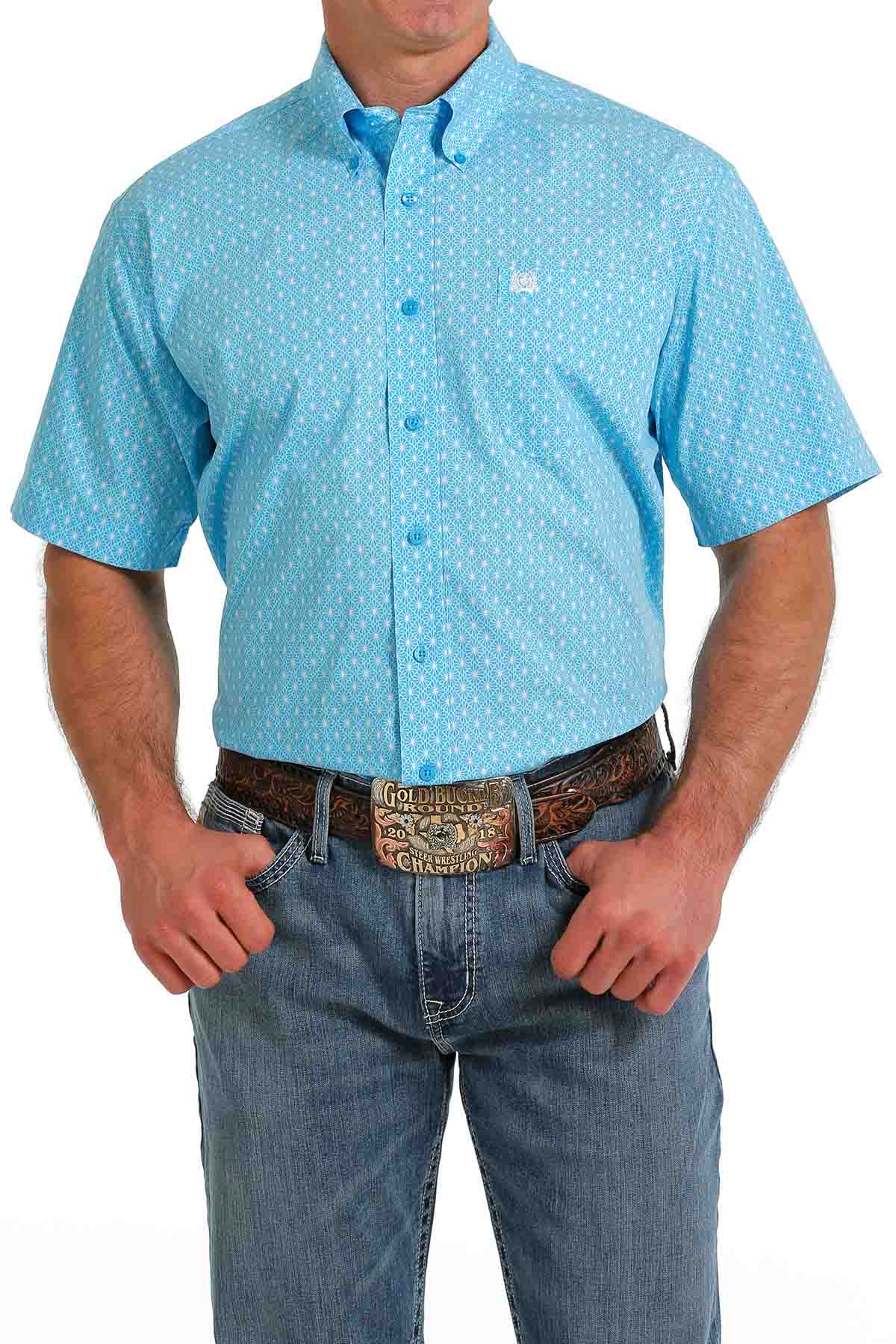 Cinch Men's Geometric Print Button Down Western Short-Sleeve Shirt Turquoise