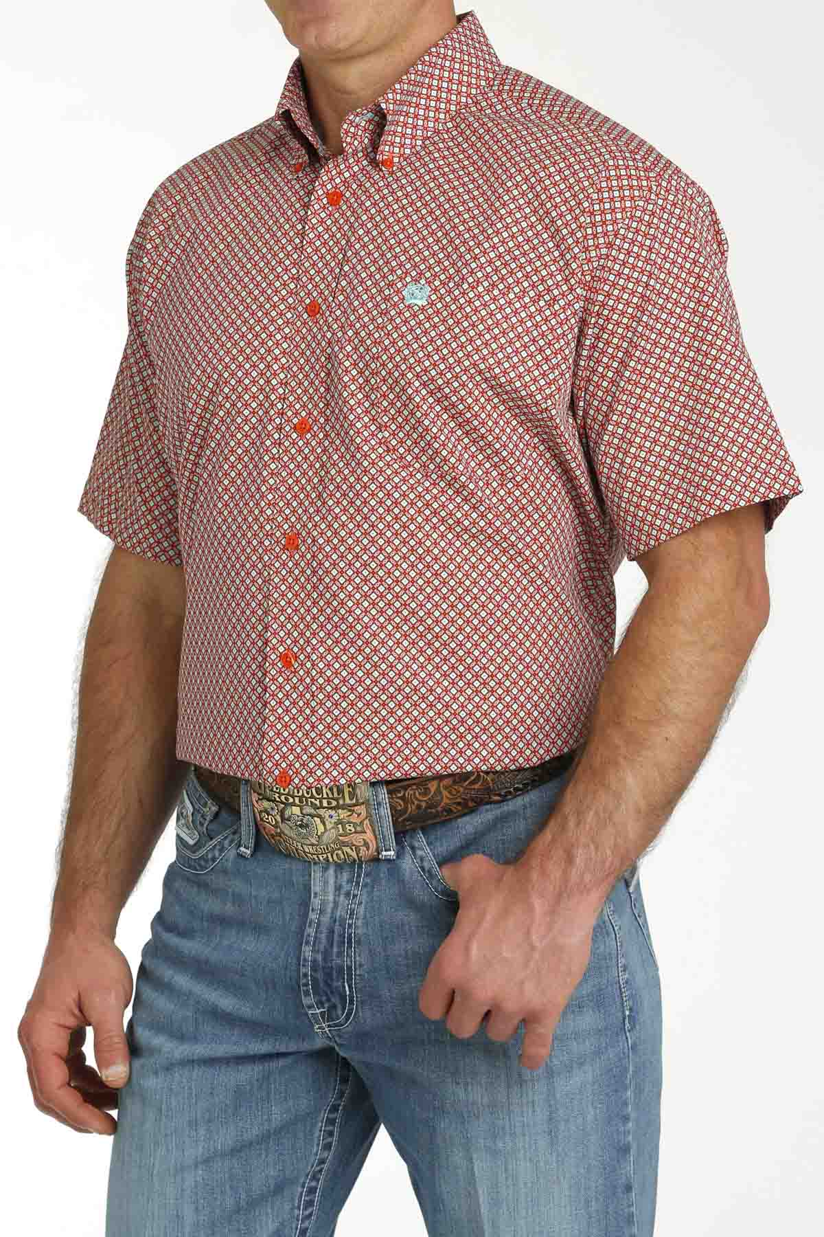 Men's Classic Red Geo Print Short Sleeve Button Down by Cinch