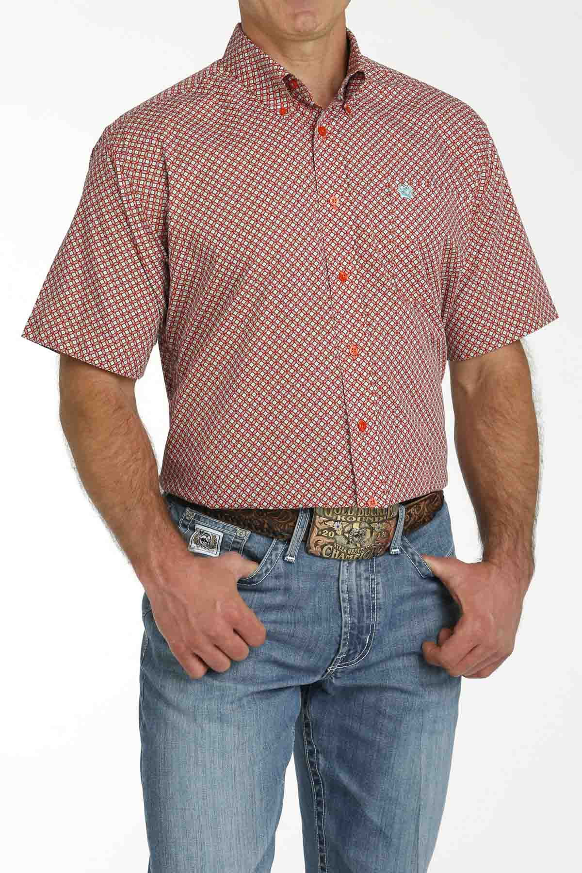 Men's Classic Red Geo Print Short Sleeve Button Down by Cinch