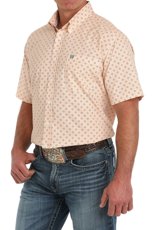 Coral Diamond Print Short Sleeve Button Down Shirt by Cinch