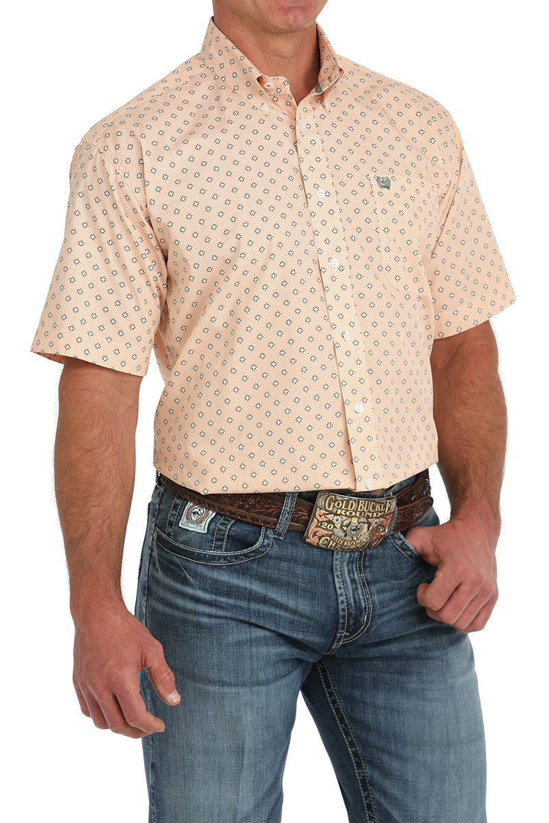 Coral Diamond Print Short Sleeve Button Down Shirt by Cinch