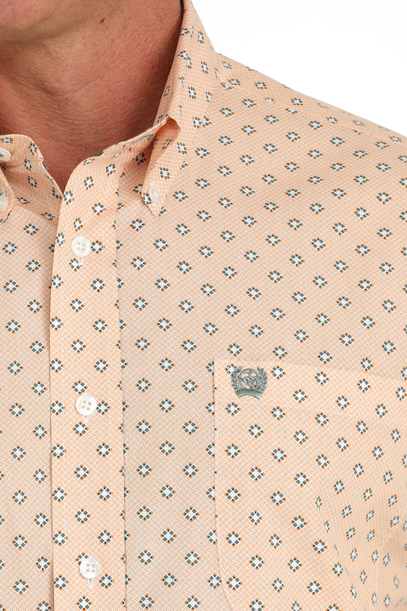 Coral Diamond Print Short Sleeve Button Down Shirt by Cinch