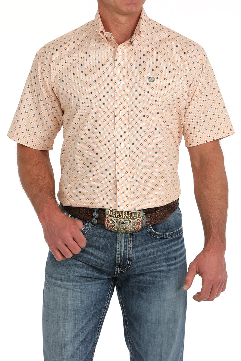 Coral Diamond Print Short Sleeve Button Down Shirt by Cinch