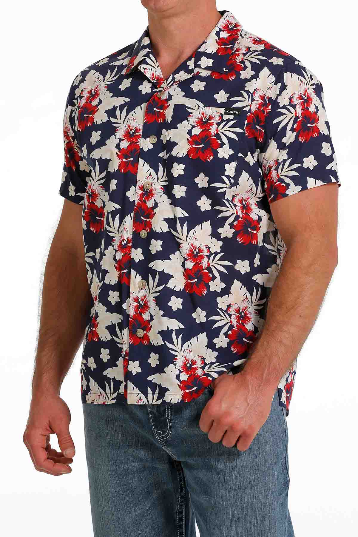 Cinch Men's Short-Sleeve Floral Print Camp Shirt in Navy Multi