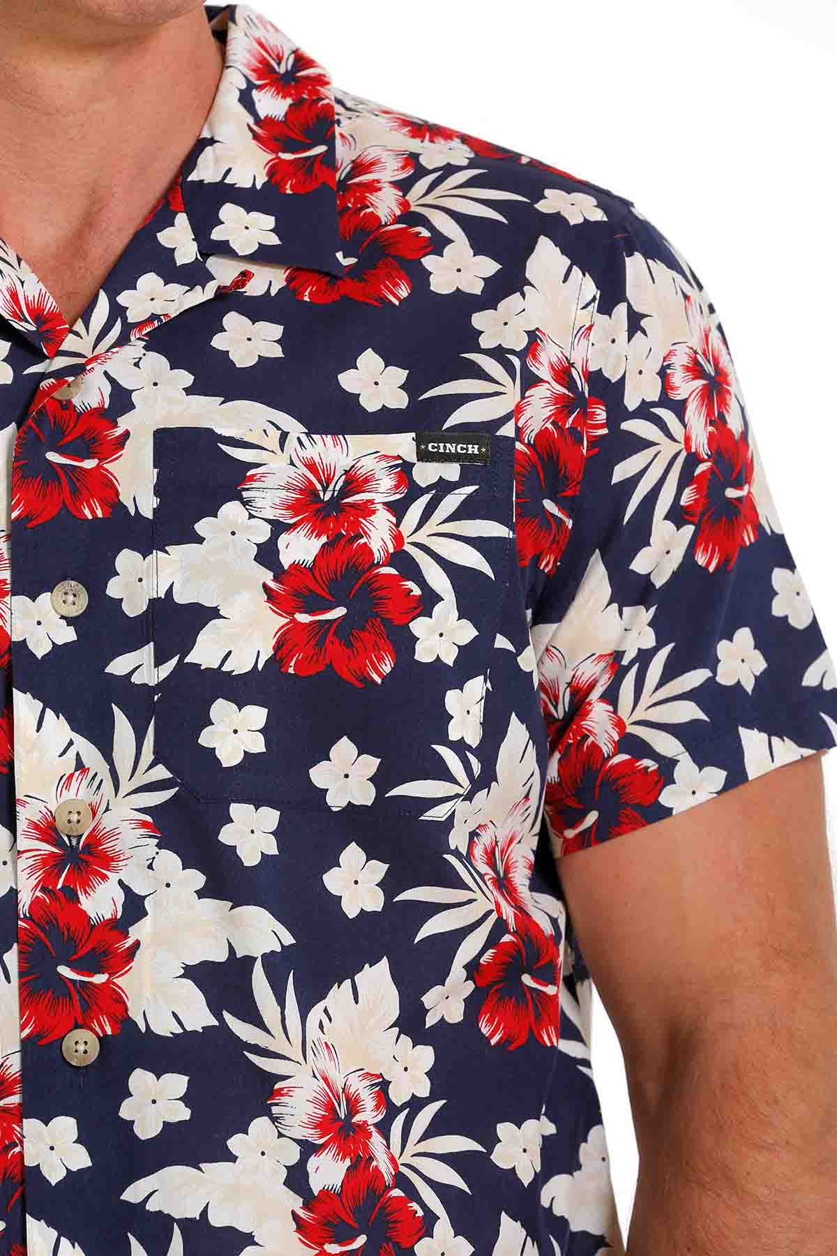 Cinch Men's Short-Sleeve Floral Print Camp Shirt in Navy Multi