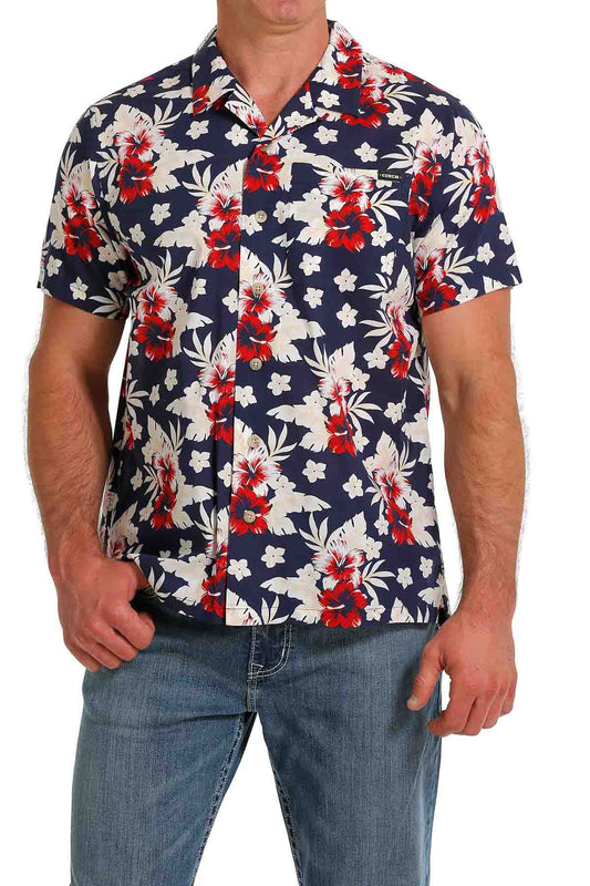 Cinch Men's Short-Sleeve Floral Print Camp Shirt in Navy Multi