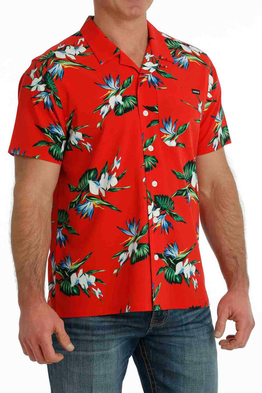 Men's Short-Sleeve Floral Print Camp Shirt in Red Multi by Cinch