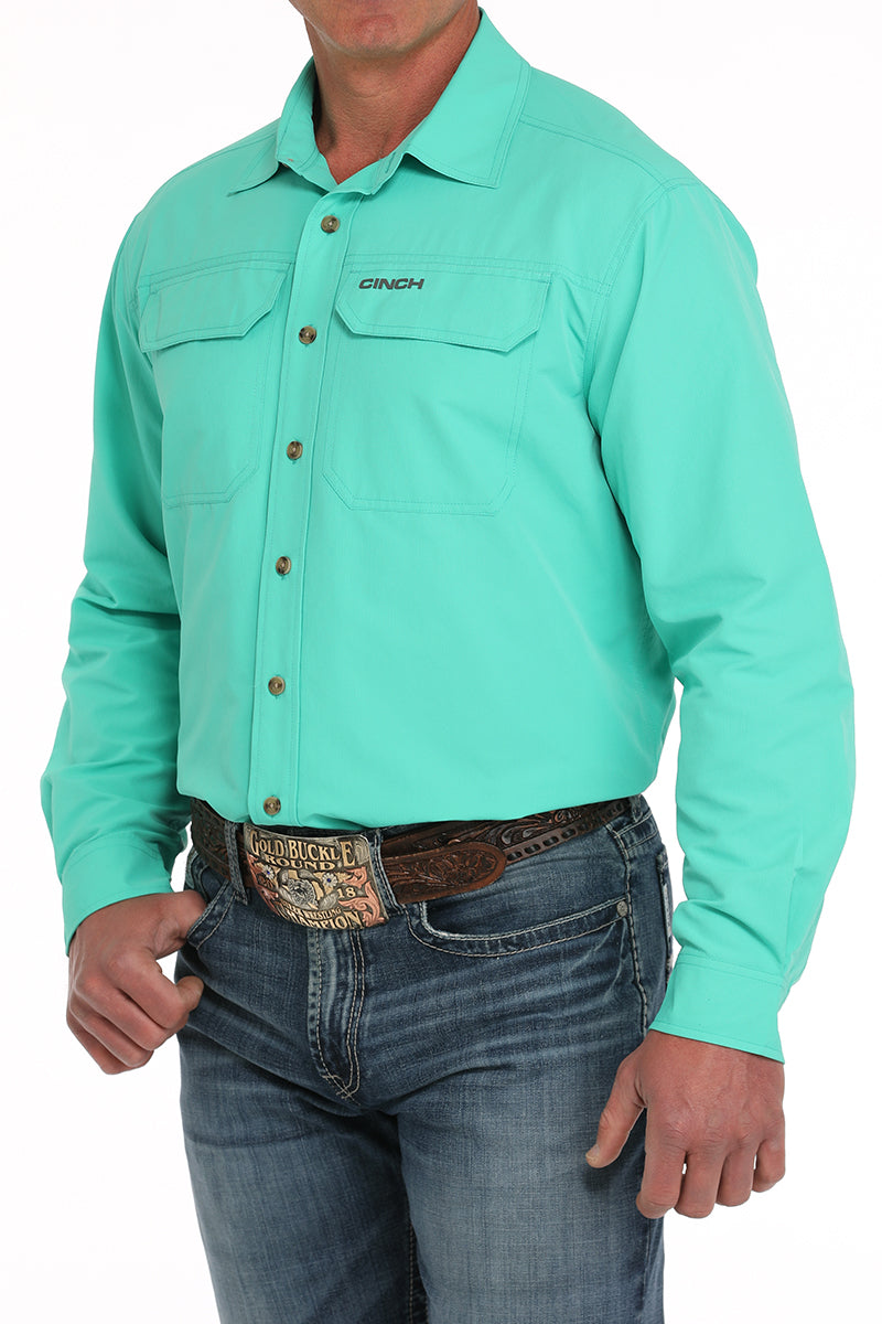 Men's Teal Solid Long Sleeve Arena Flex Button Down Shirt by Cinch