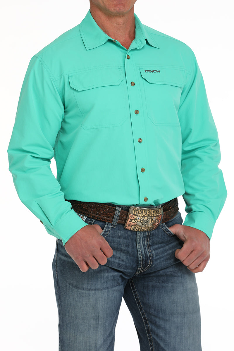 Men's Teal Solid Long Sleeve Arena Flex Button Down Shirt by Cinch