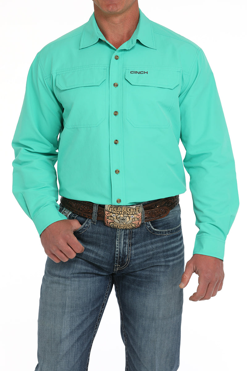 Men's Teal Solid Long Sleeve Arena Flex Button Down Shirt by Cinch