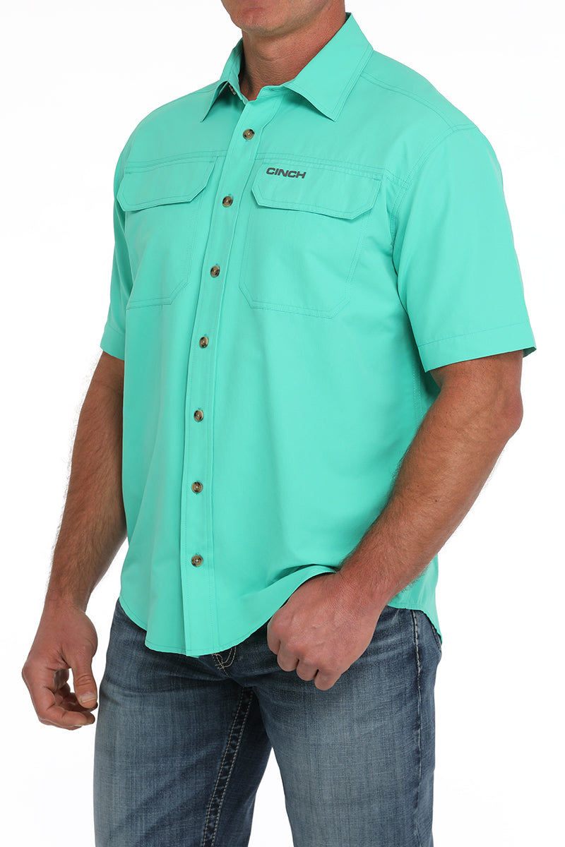 Men's Teal Solid Short Sleeve Arena Flex Button Down Shirt by Cinch