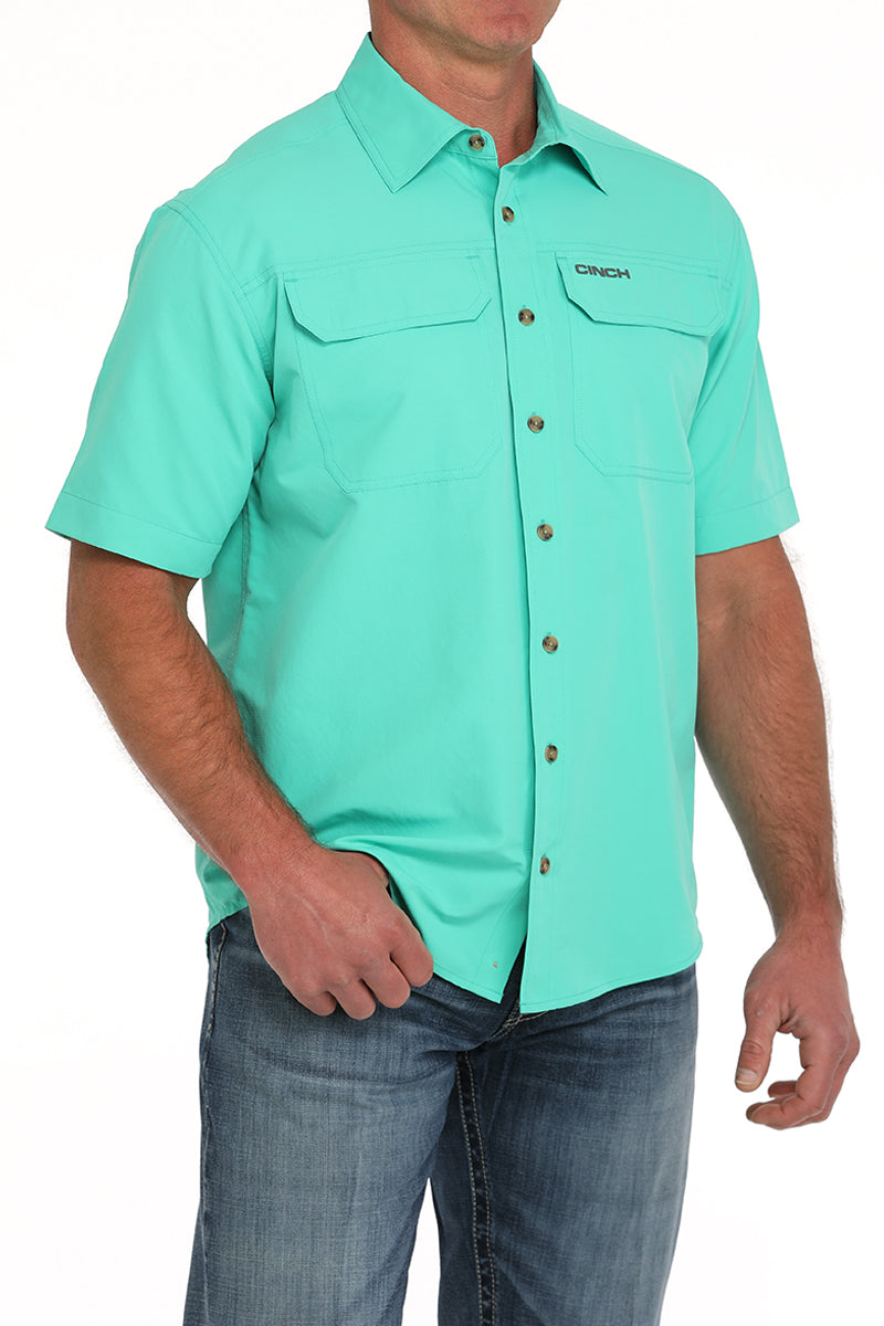 Men's Teal Solid Short Sleeve Arena Flex Button Down Shirt by Cinch