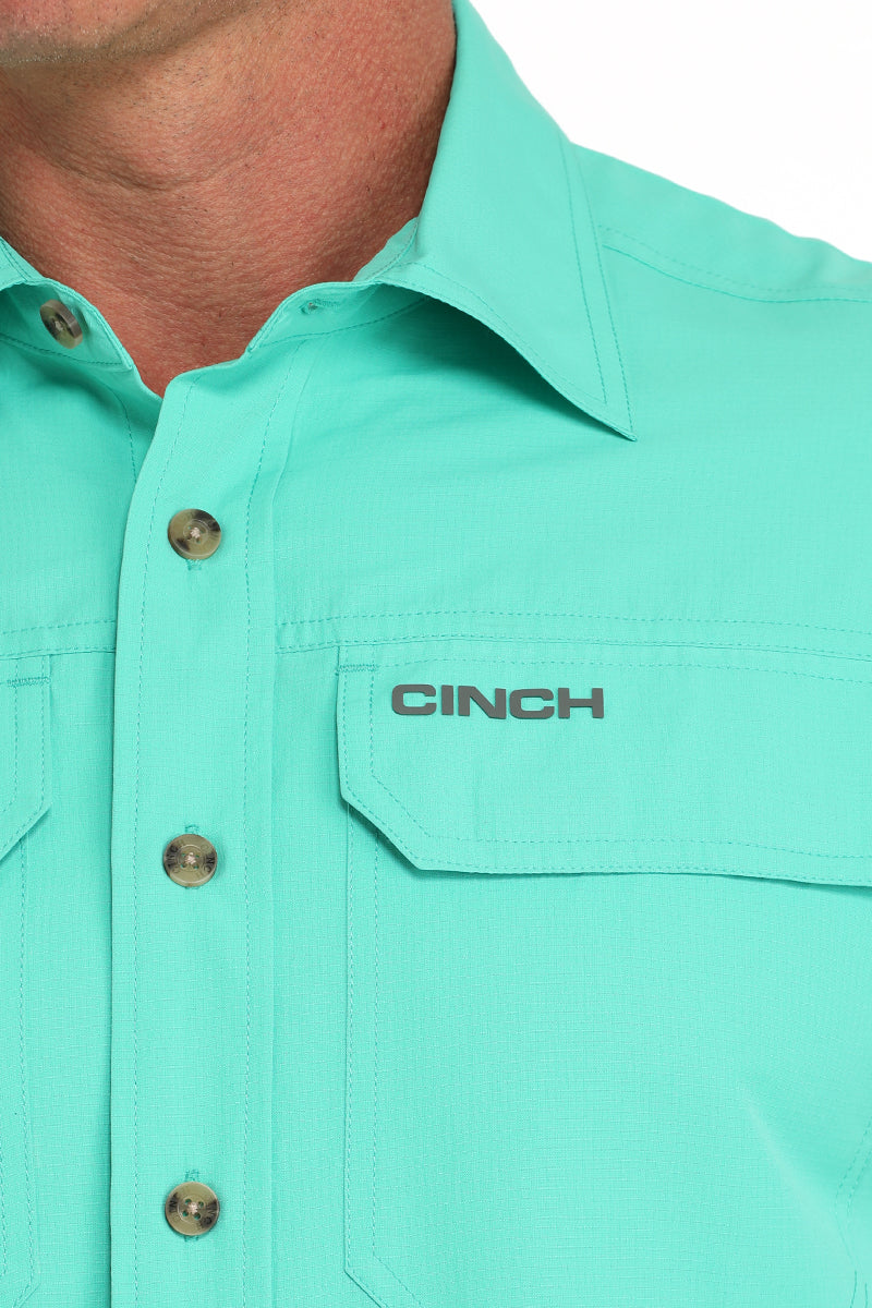 Men's Teal Solid Short Sleeve Arena Flex Button Down Shirt by Cinch