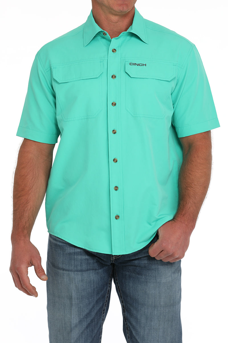 Men's Teal Solid Short Sleeve Arena Flex Button Down Shirt by Cinch