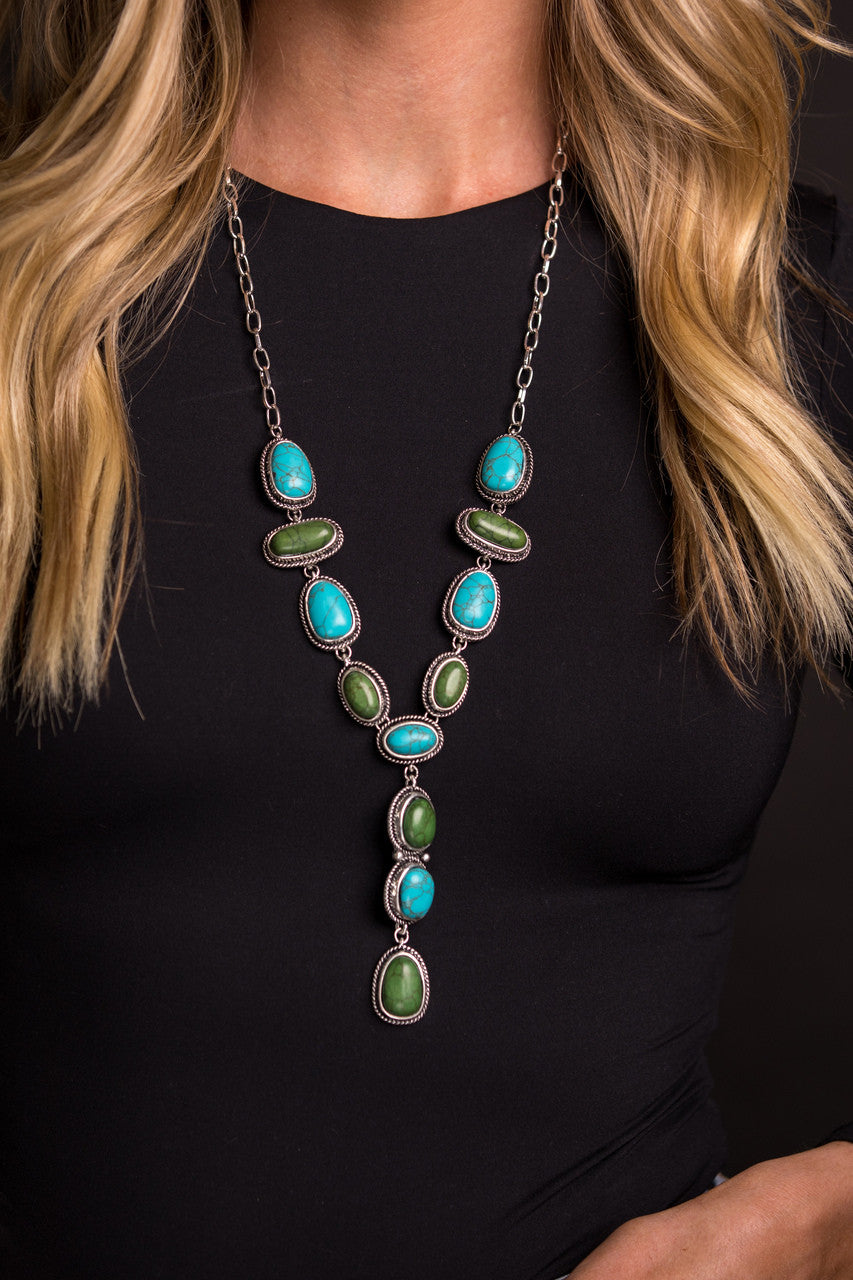 Turquoise and Green Lariat Style Necklace by West & Co