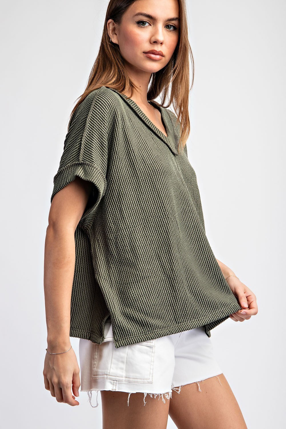 Textured V-Neck Short Sleeve Top by ee:some