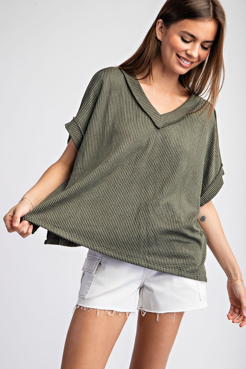 Textured V-Neck Short Sleeve Top by ee:some