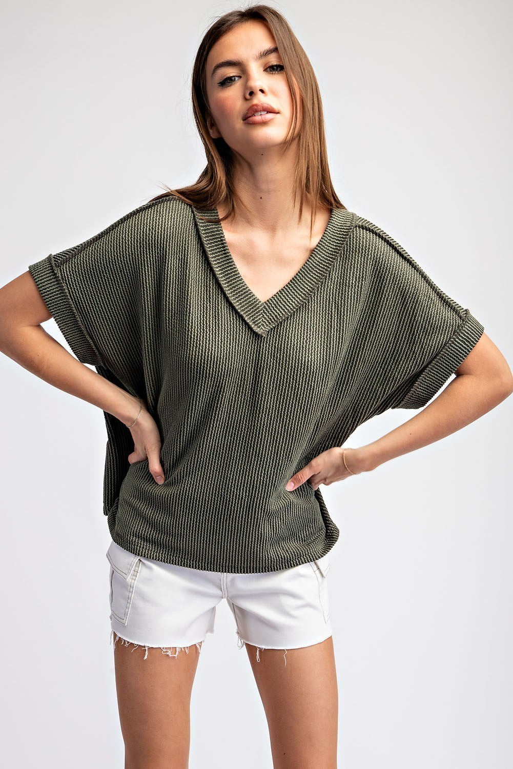 Textured V-Neck Short Sleeve Top by ee:some