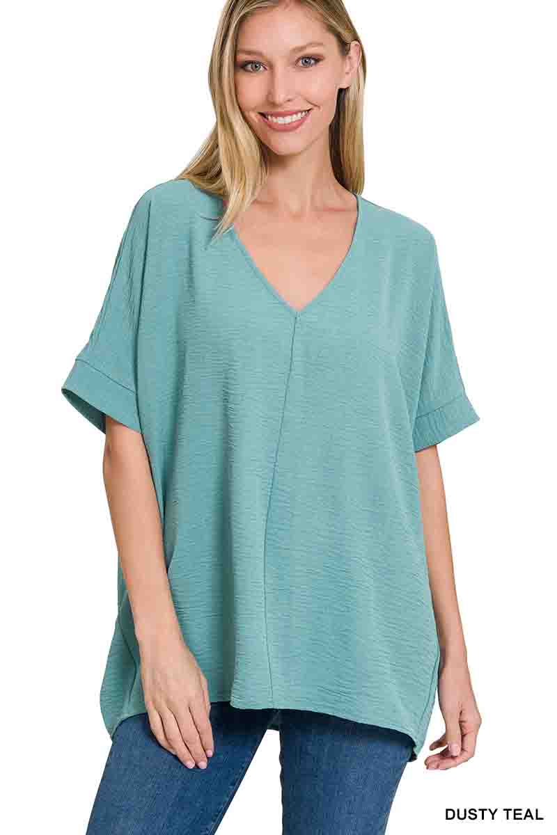 Woven Airflow V-Neck Dolman Short Sleeve Top