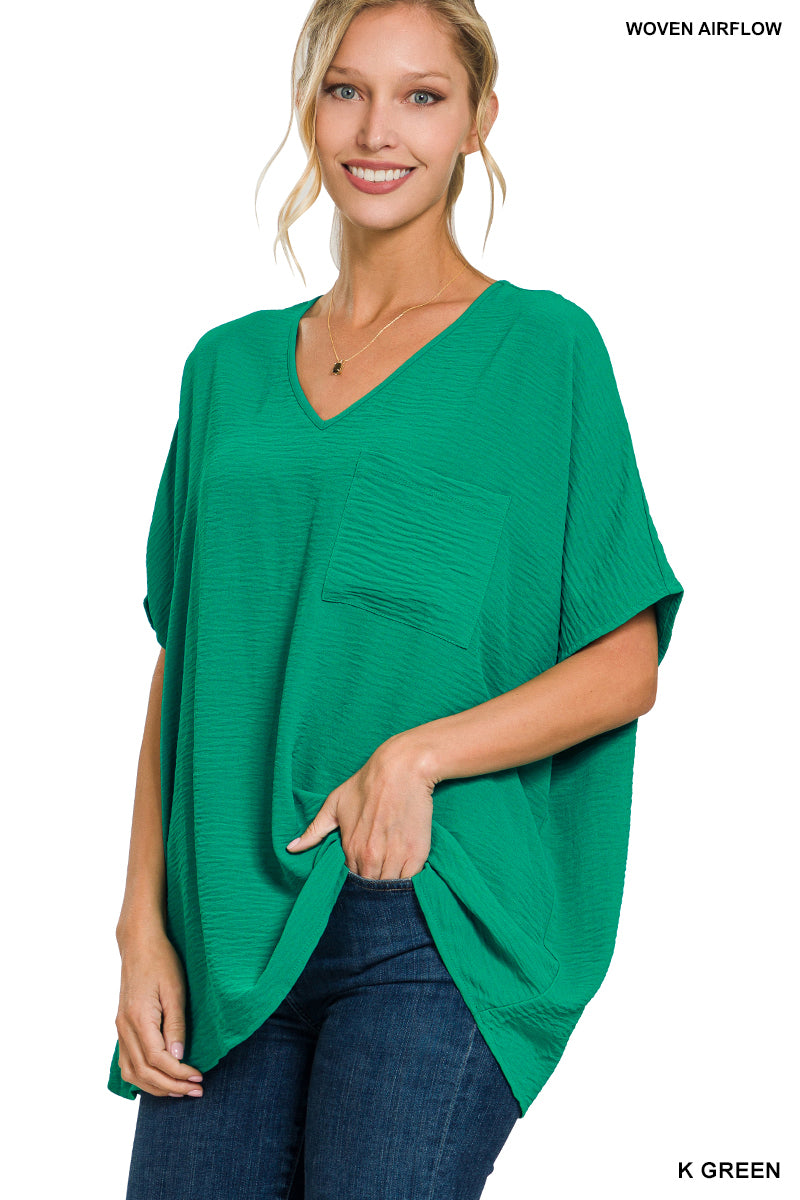 Woven Airflow V-Neck Dolman Short Sleeve Top