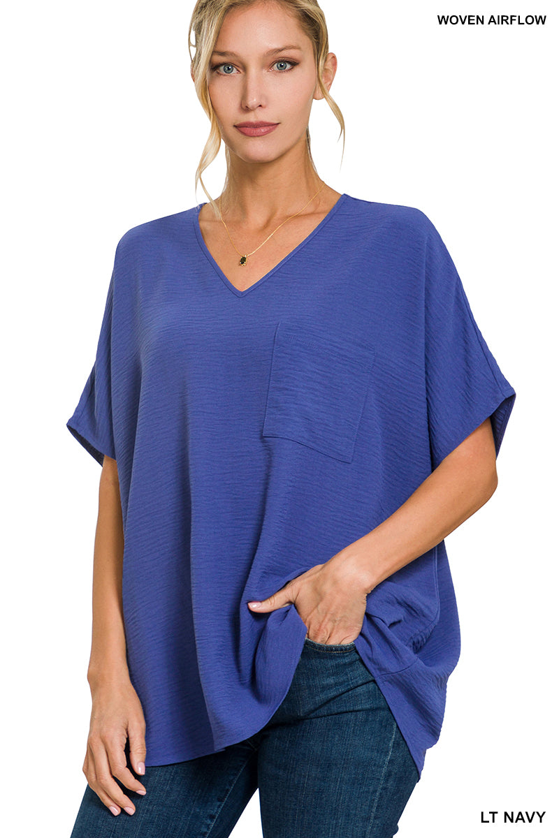 Woven Airflow V-Neck Dolman Short Sleeve Top