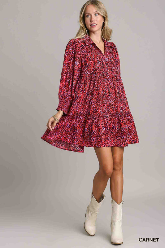 Mixed Print LSL Dress with Ruffle Trim in Garnet by Umgee