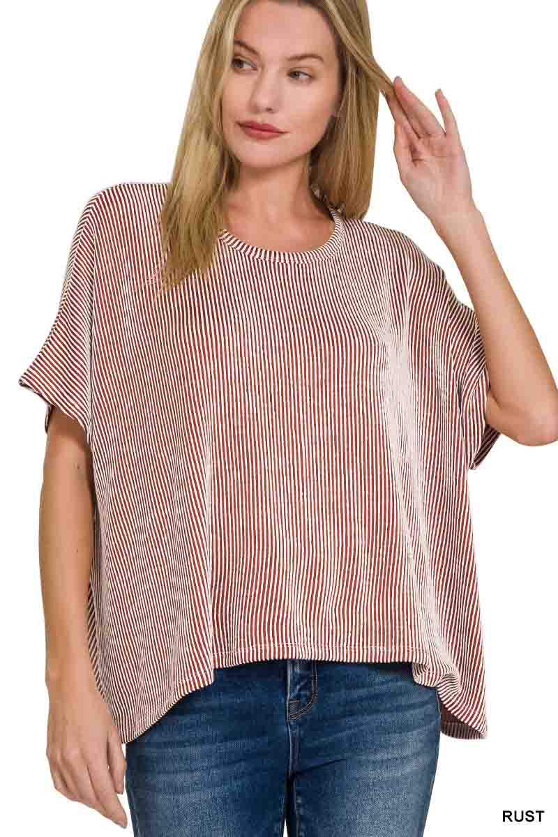 Ribbed Striped Oversized Short Sleeve Top