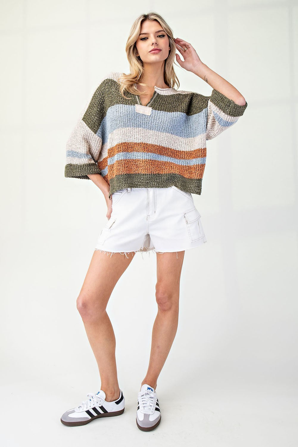 Striped Notched Collar 3/4 Sleeve Sweater in Fern by ee:some