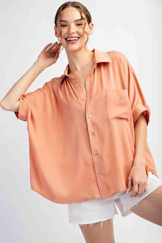 Short Sleeve Solid Button Down Top in Apricot by ee:some