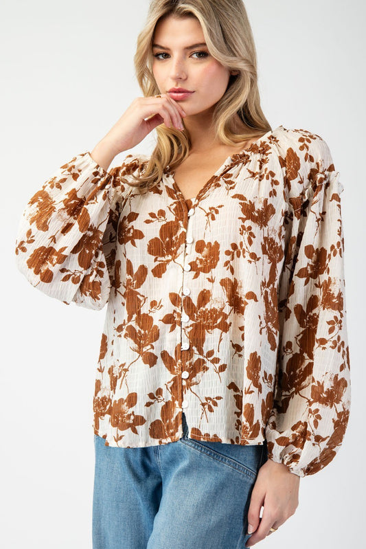 Floral Printed Crinkle Long Sleeve Blouse Top by ee:some