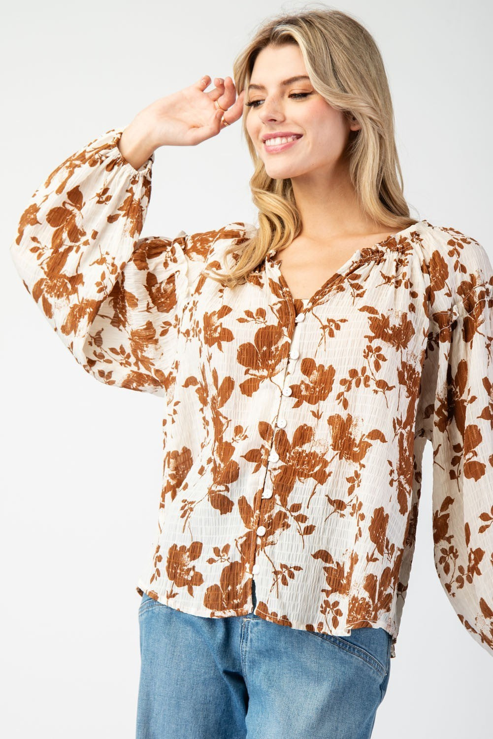 Floral Printed Crinkle Long Sleeve Blouse Top by ee:some