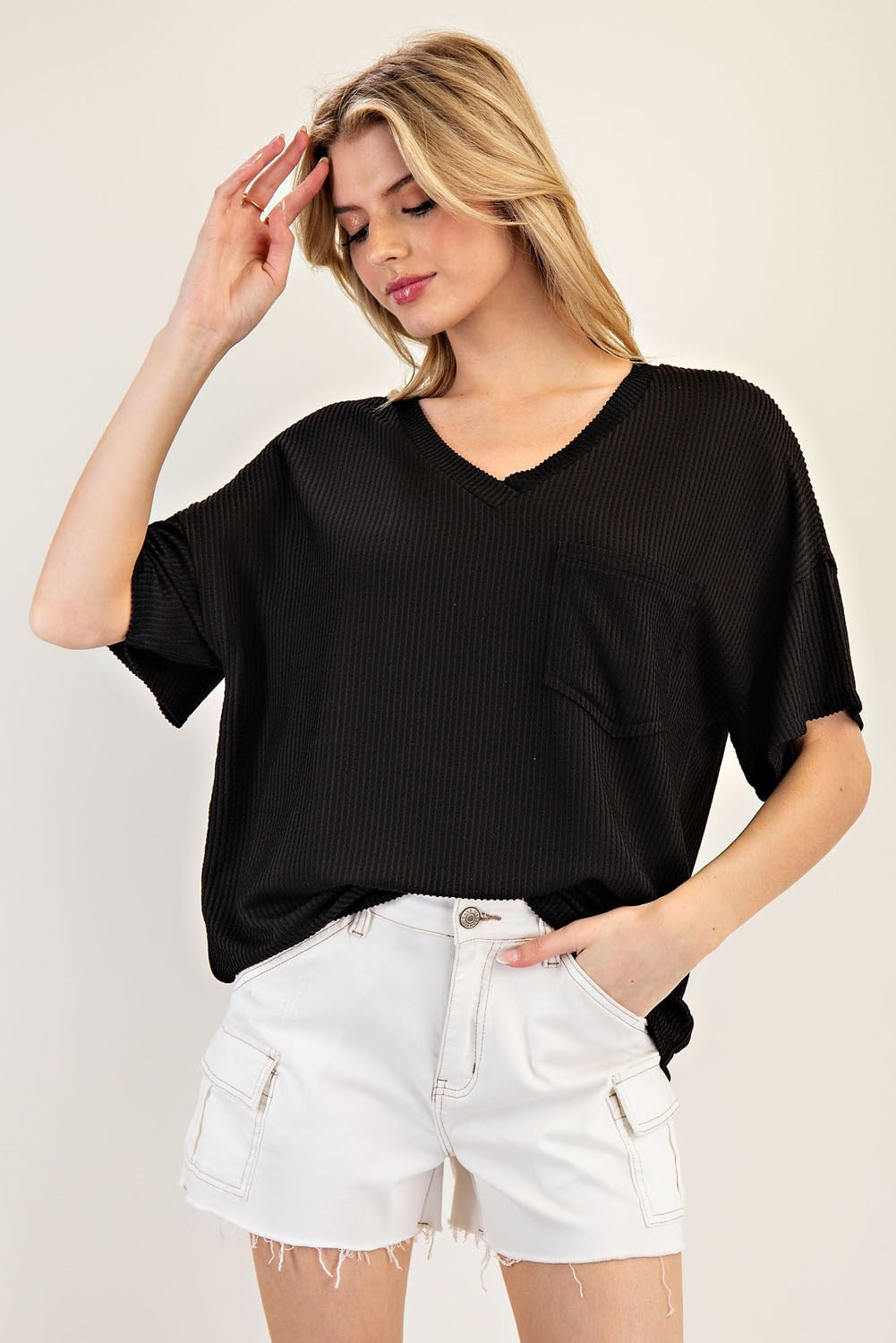 Textured Pocket V-Neck Top by ee:some