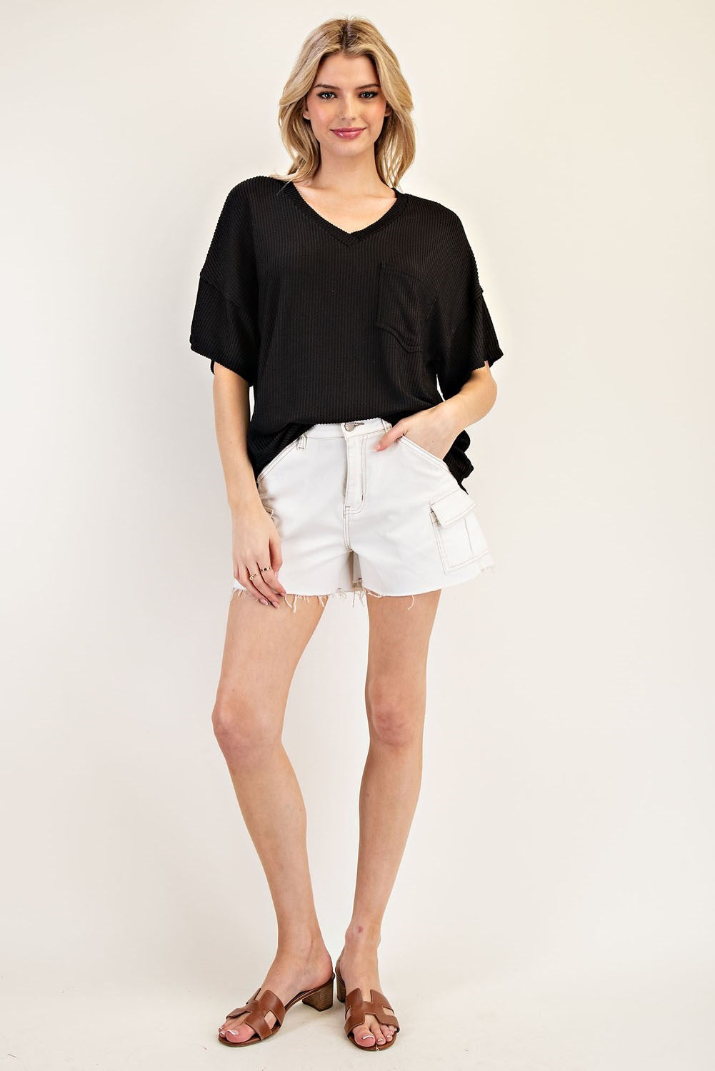 Textured Pocket V-Neck Top by ee:some