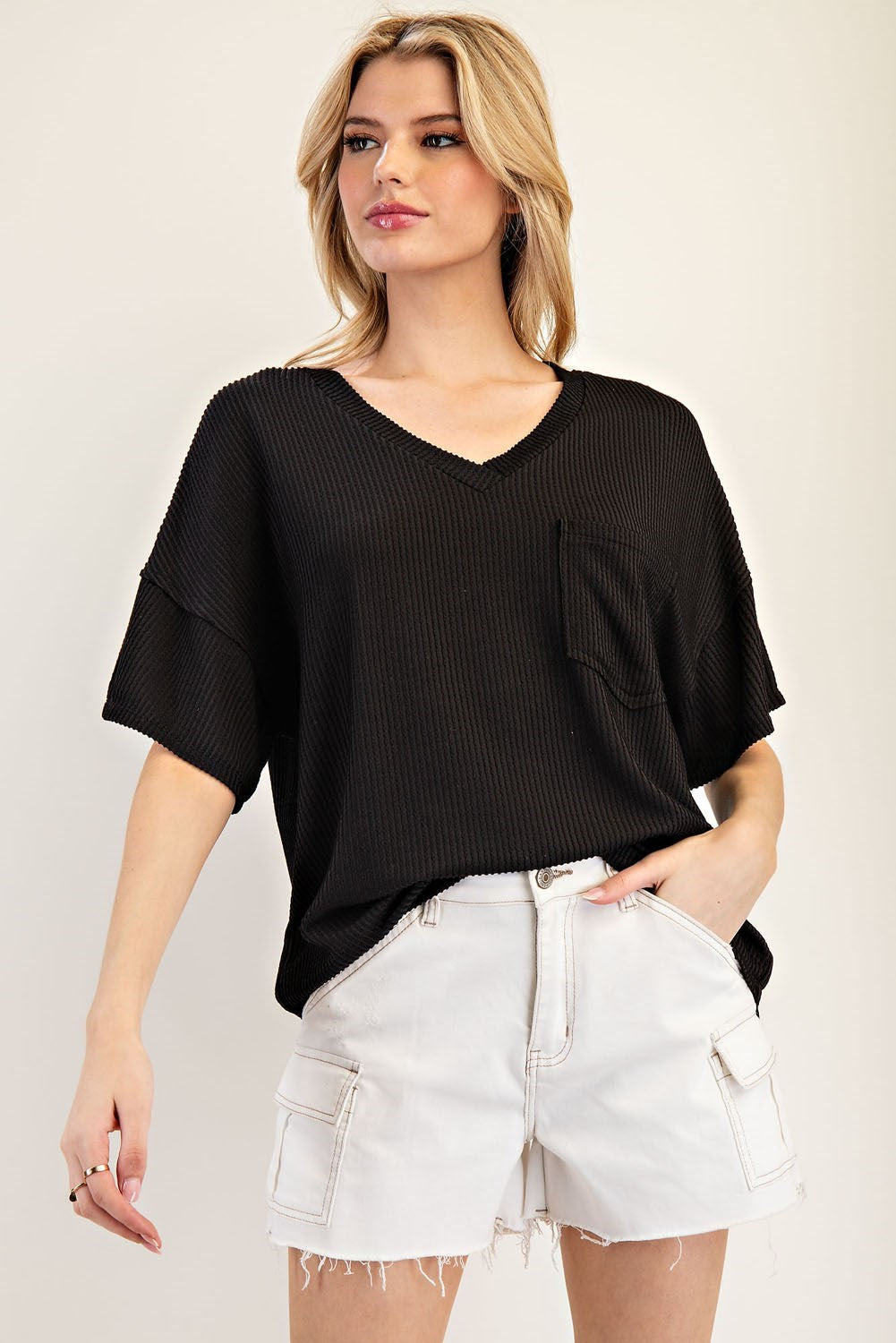 Textured Pocket V-Neck Top by ee:some