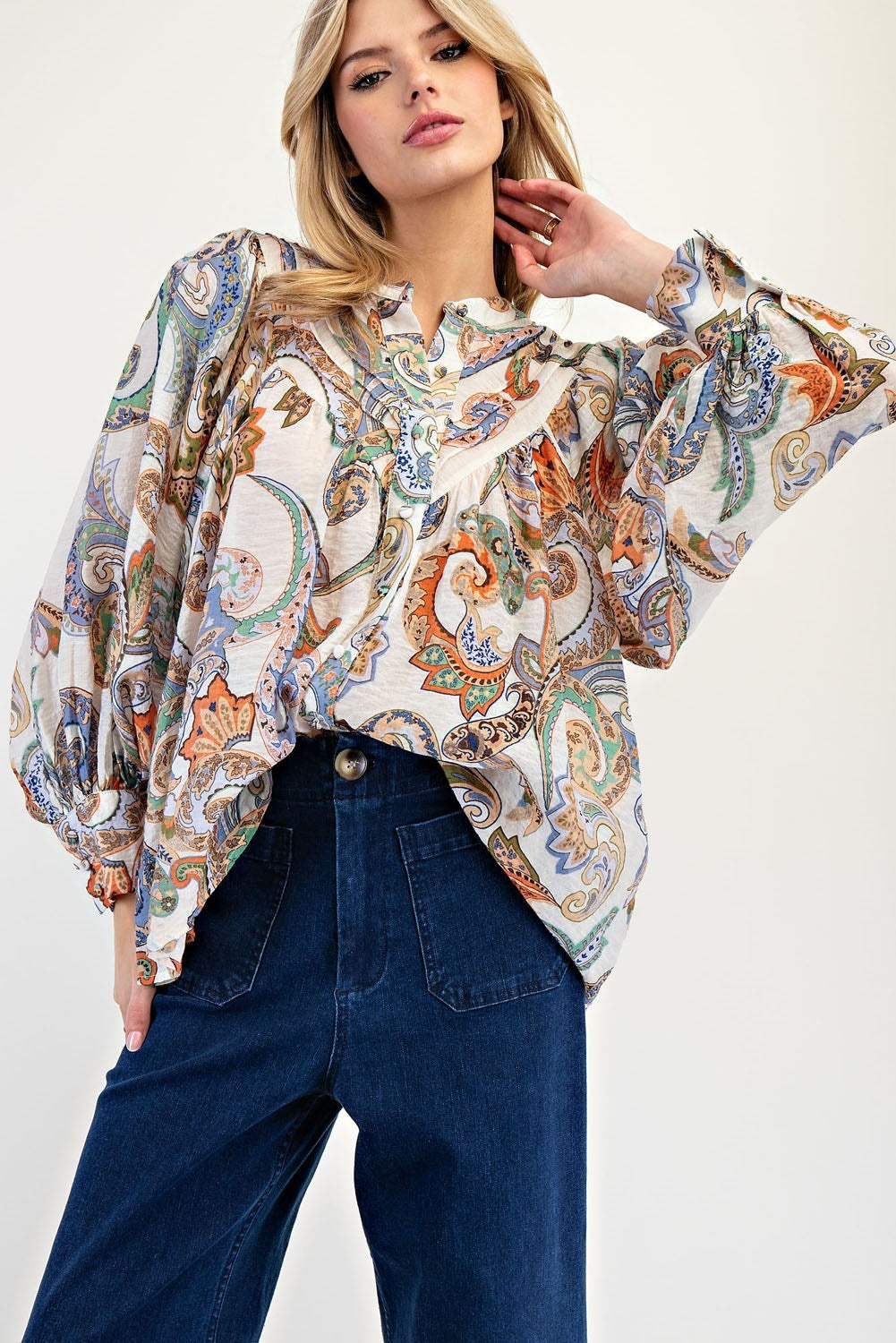 Paisley Printed Bubble Sleeve Top in Ivory by ee:some