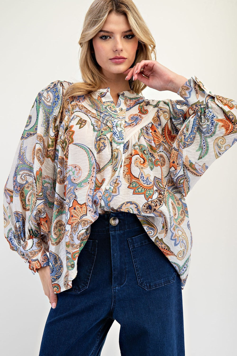 Paisley Printed Bubble Sleeve Top in Ivory by ee:some