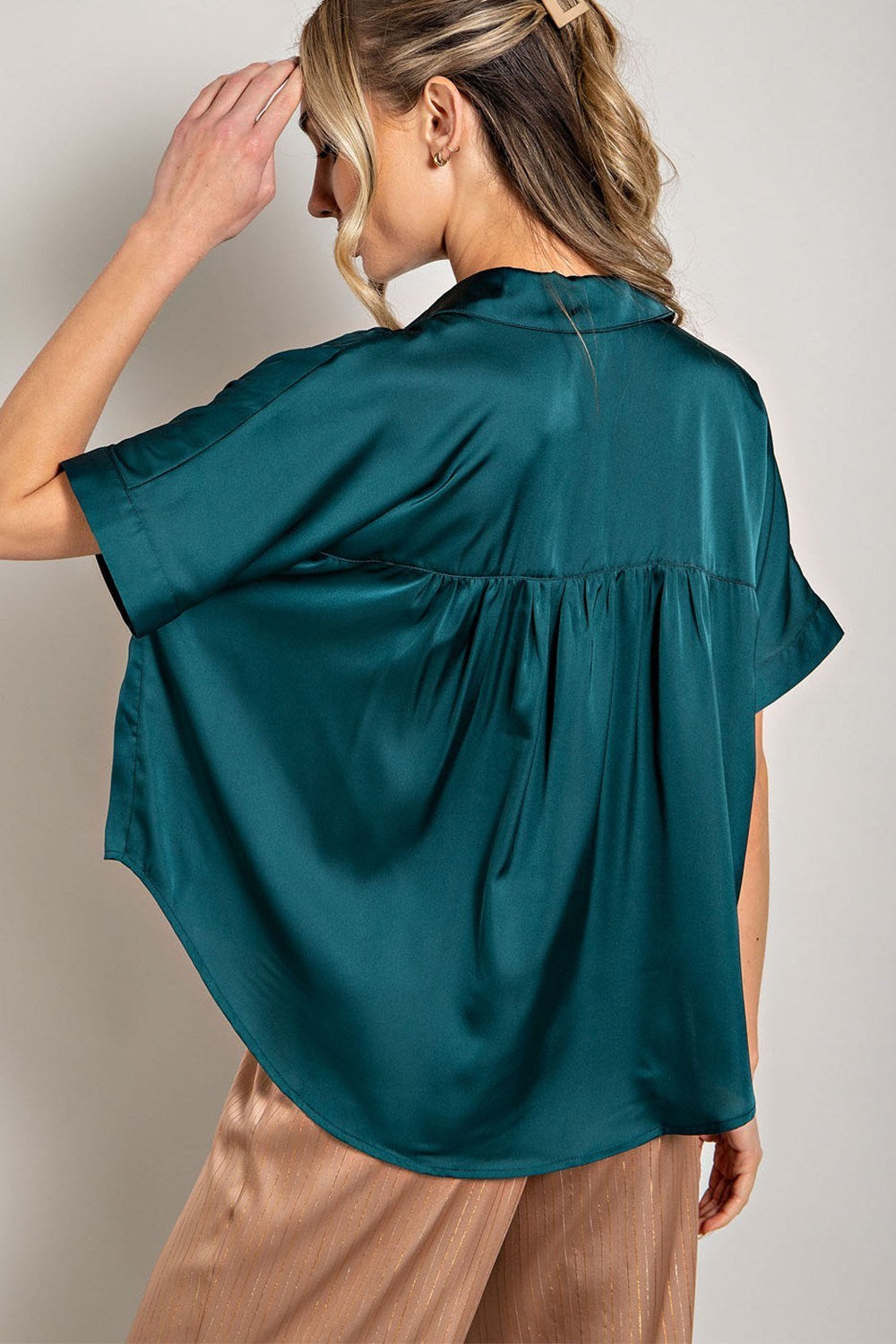 Satin Short Sleeve Button Down Shirt in Teal by ee:some