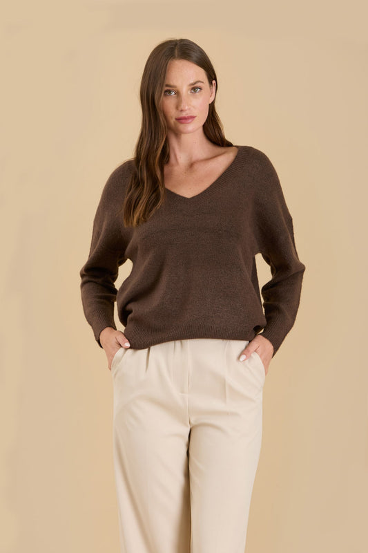 Solid V Neck Drop Shoulder Knit Sweater by Blu Pepper