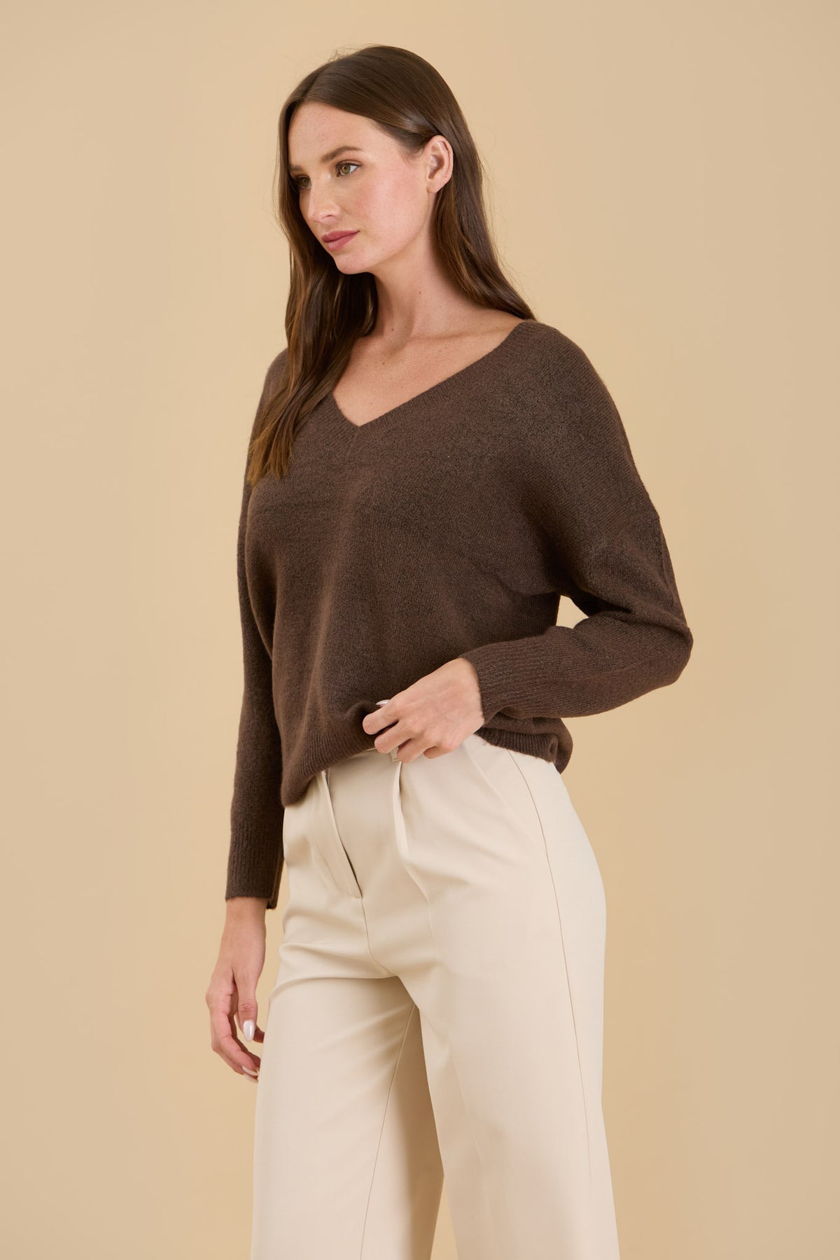 Solid V Neck Drop Shoulder Knit Sweater by Blu Pepper