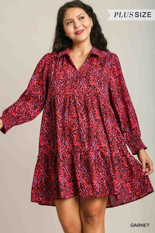 Mixed Print Collared Long Sleeve Plus Dress with Ruffle Trim Detail in Garnet by Umgee