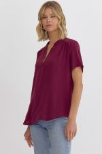 Solid V Neck Placket Top by Entro