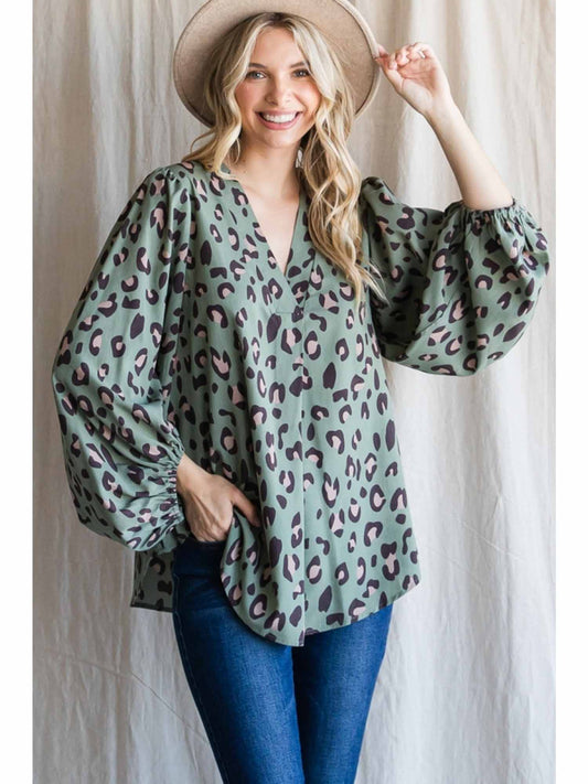 Leopard Print V-Neckline Top with Bubble Sleeves by Jodifl