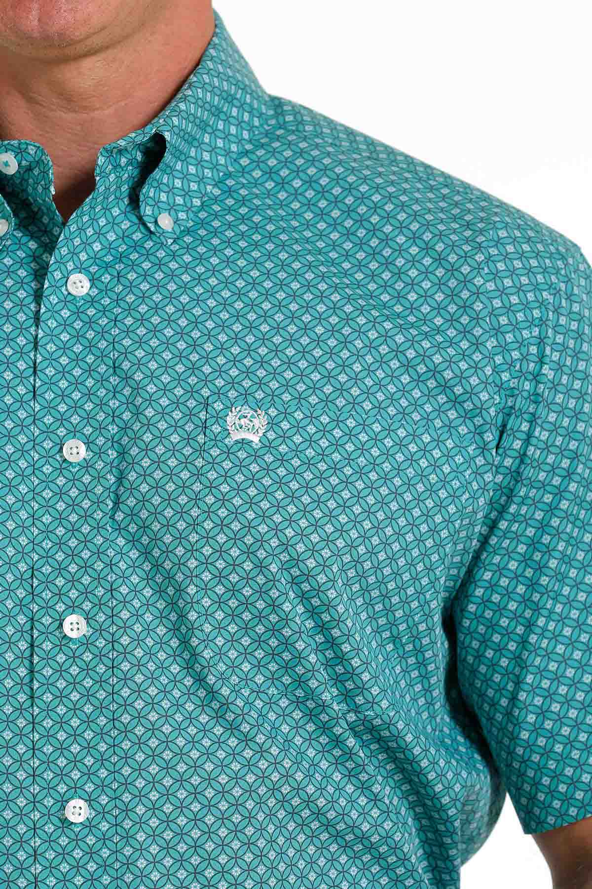 Cinch Men's Medallion Print Button-Down Short-Sleeve Western Shirt in Turquoise-White