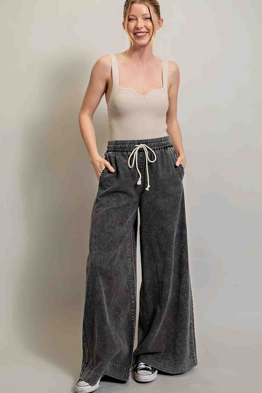 Mineral Washed Wide Leg Pants Black