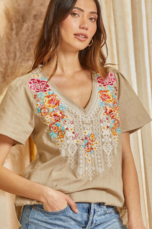 Milley Linen Embroidered Short Sleeve Blouse