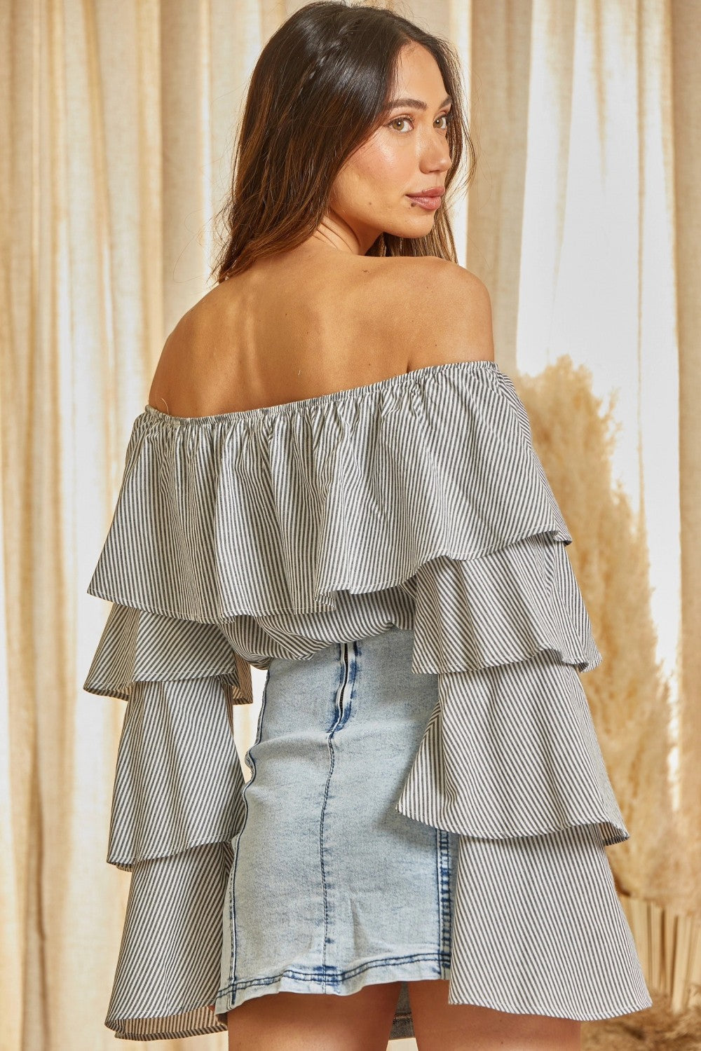 Off The Shoulder Striped Top in Charcoal by Savanna Jane