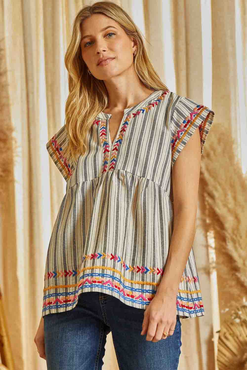 Striped Babydoll Linen Top with Aztec Embroidery Charcoal