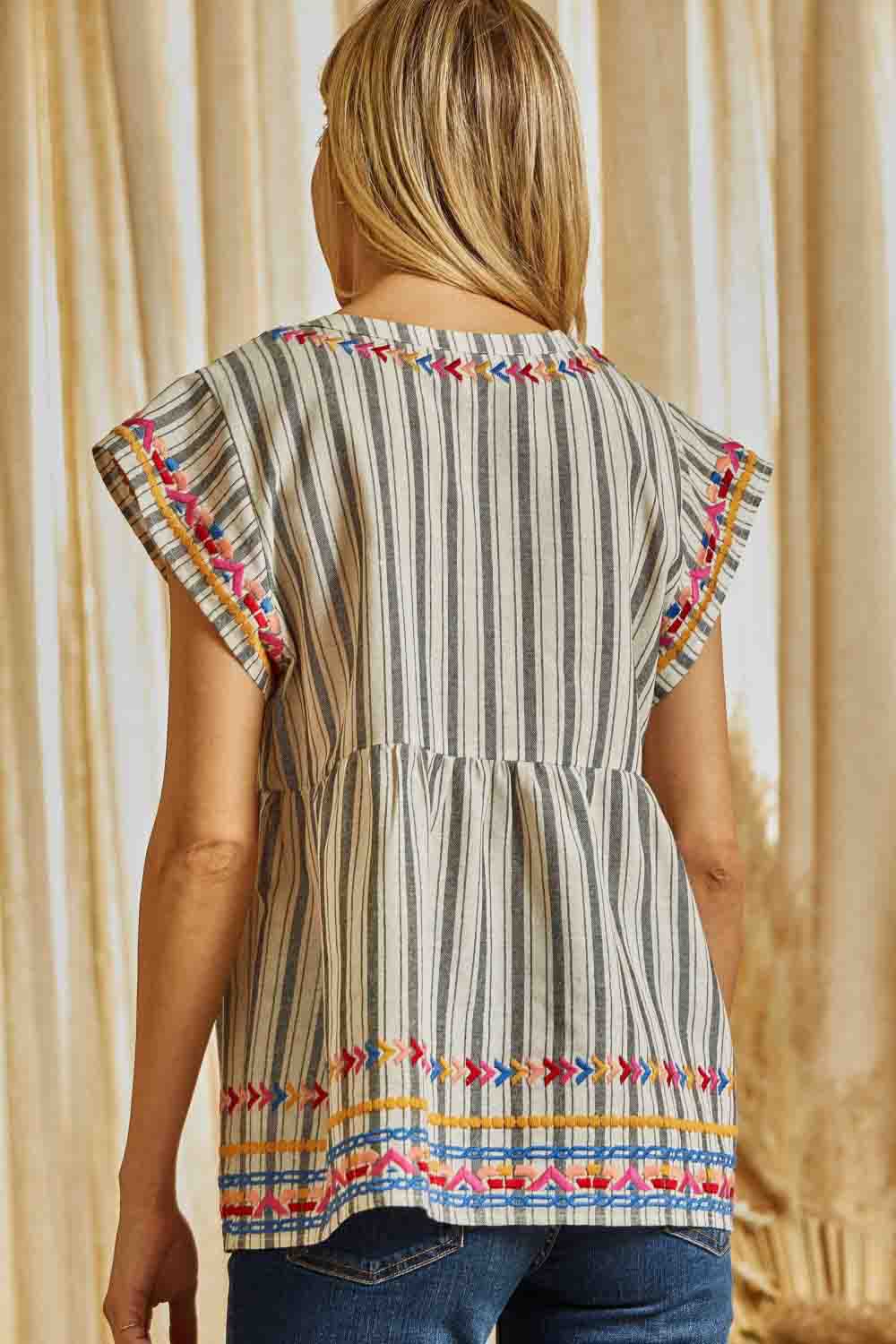 Striped Babydoll Linen Top with Aztec Embroidery Charcoal